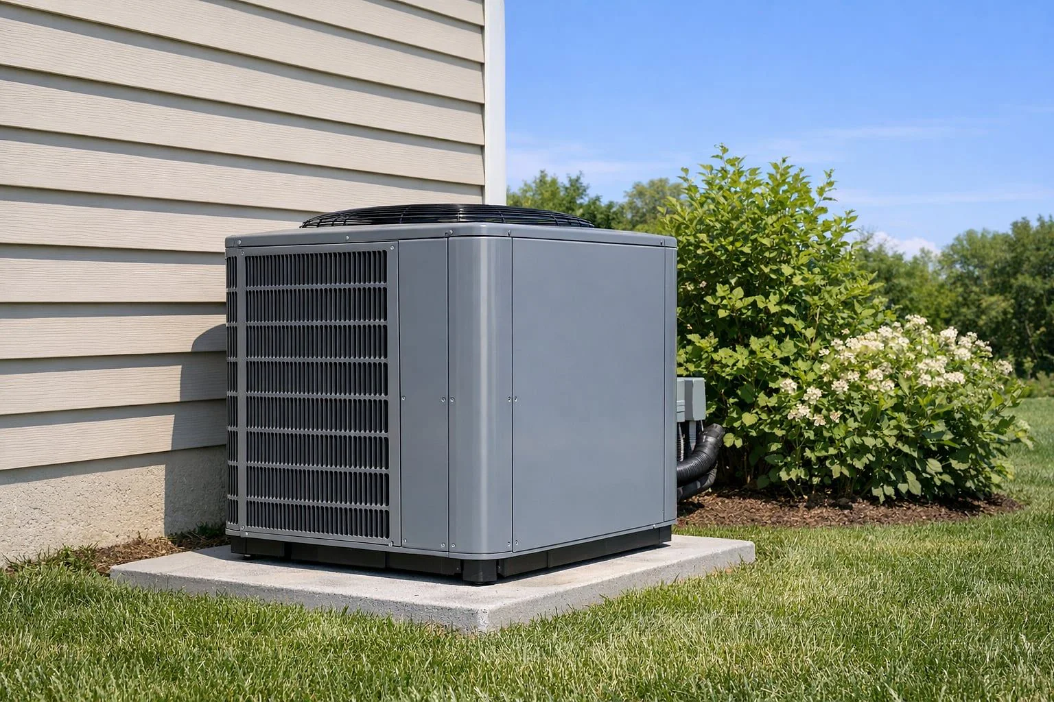 Outdoor heat pump unit beside a home